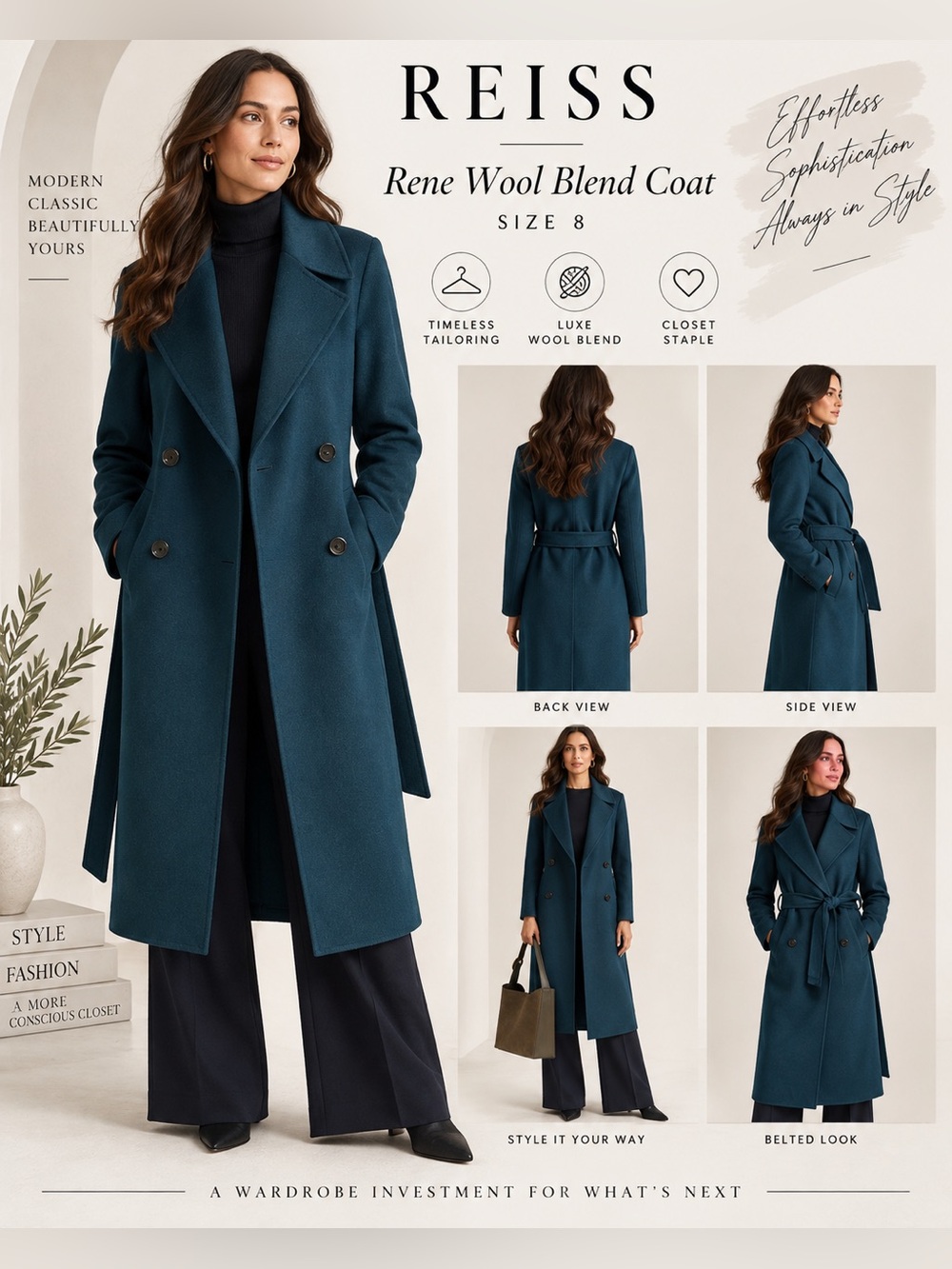 REISS Rene Wool Blend Double-Breasted Belted Coat Teal Size 8 NWOT